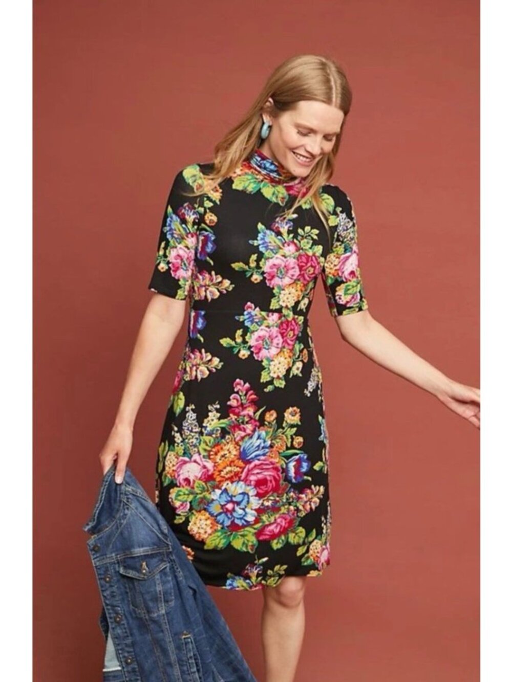 Anthropologie Ett:twa Coreyell Black Floral Turtleneck Dress MIDI medium stretch